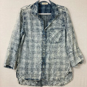 Bella Dahl Blue Plaid Lightweight Denim 3/4 Sleeve Button Down Medium